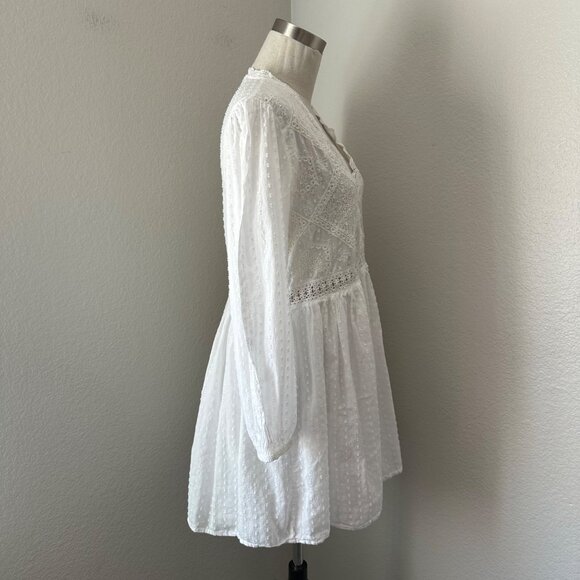 Zara White Swiss Dot Long-Sleeve Embroidered Boho Mini Dress Intricate Lace S - Picture 4 of 14